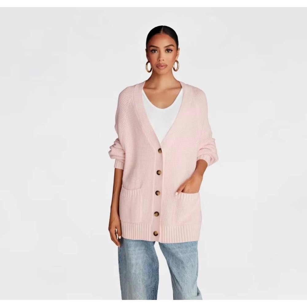 KBB by Kahlana Barfield Brown Pink Waffle Knit Oversized Cardigan Sweater Small